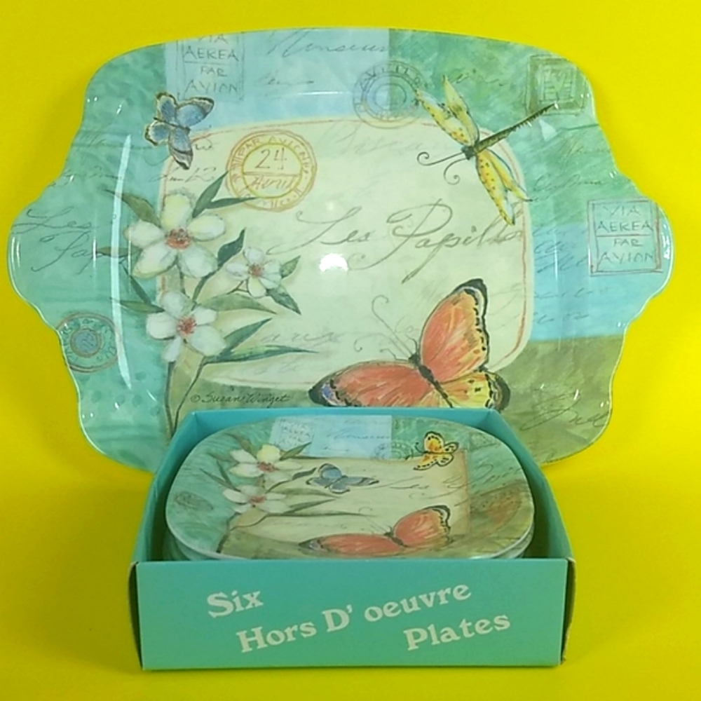 Susan Winget Papillon melamine tray and 6 plates